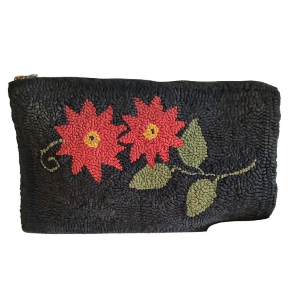 1930s Vintage Small Black With Red Flowers Real Carpet Bag Clutch Purse Bag